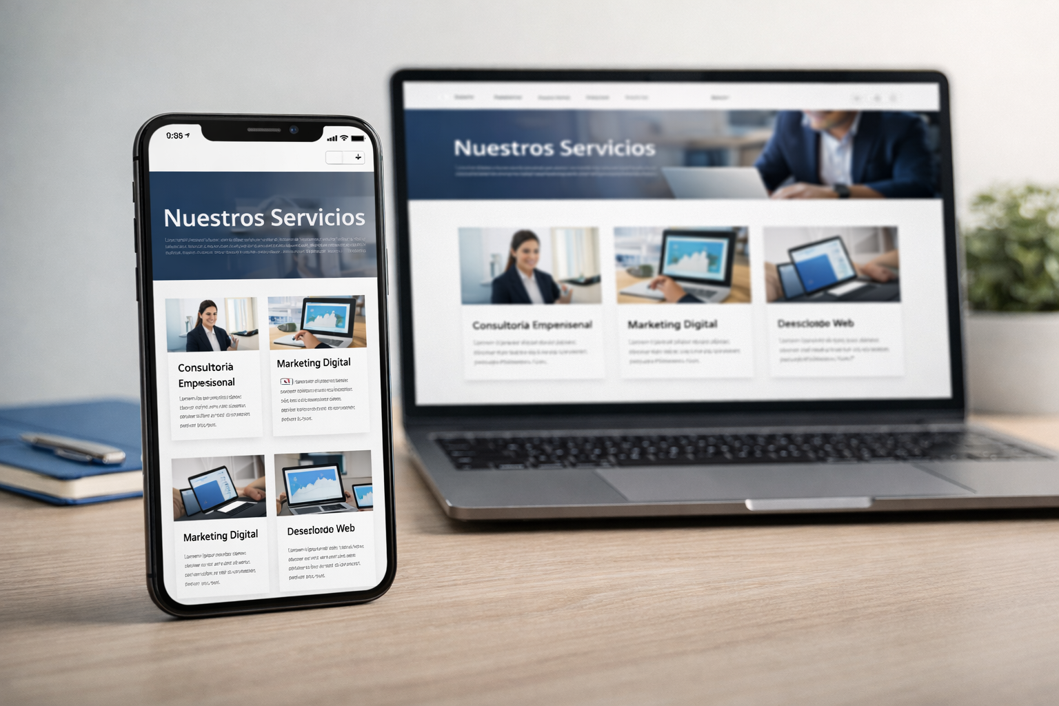 Mockup de web en laptop y teléfono
